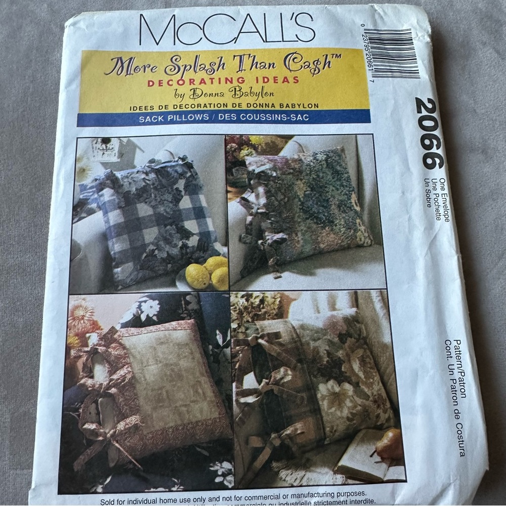 McCall’s Home Sewing Pattern By Donna Babylon Sack Pillows New Uncut